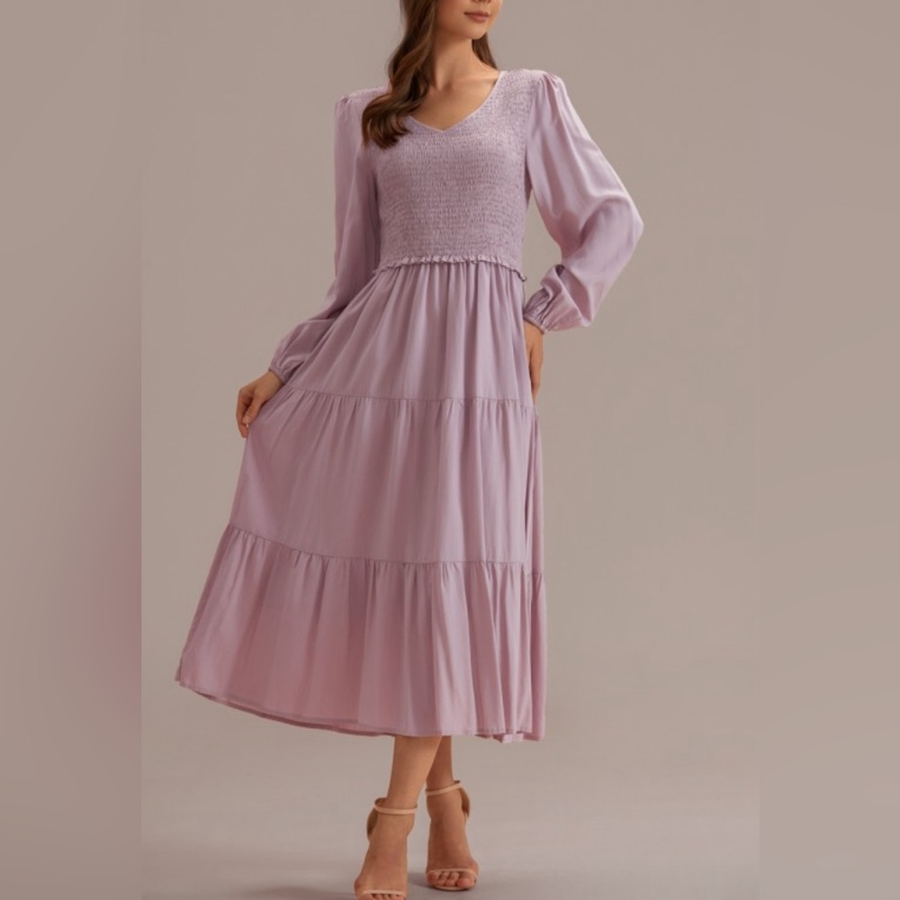 Lavender Long Sleeve V Neck Smocked Maxi Dress